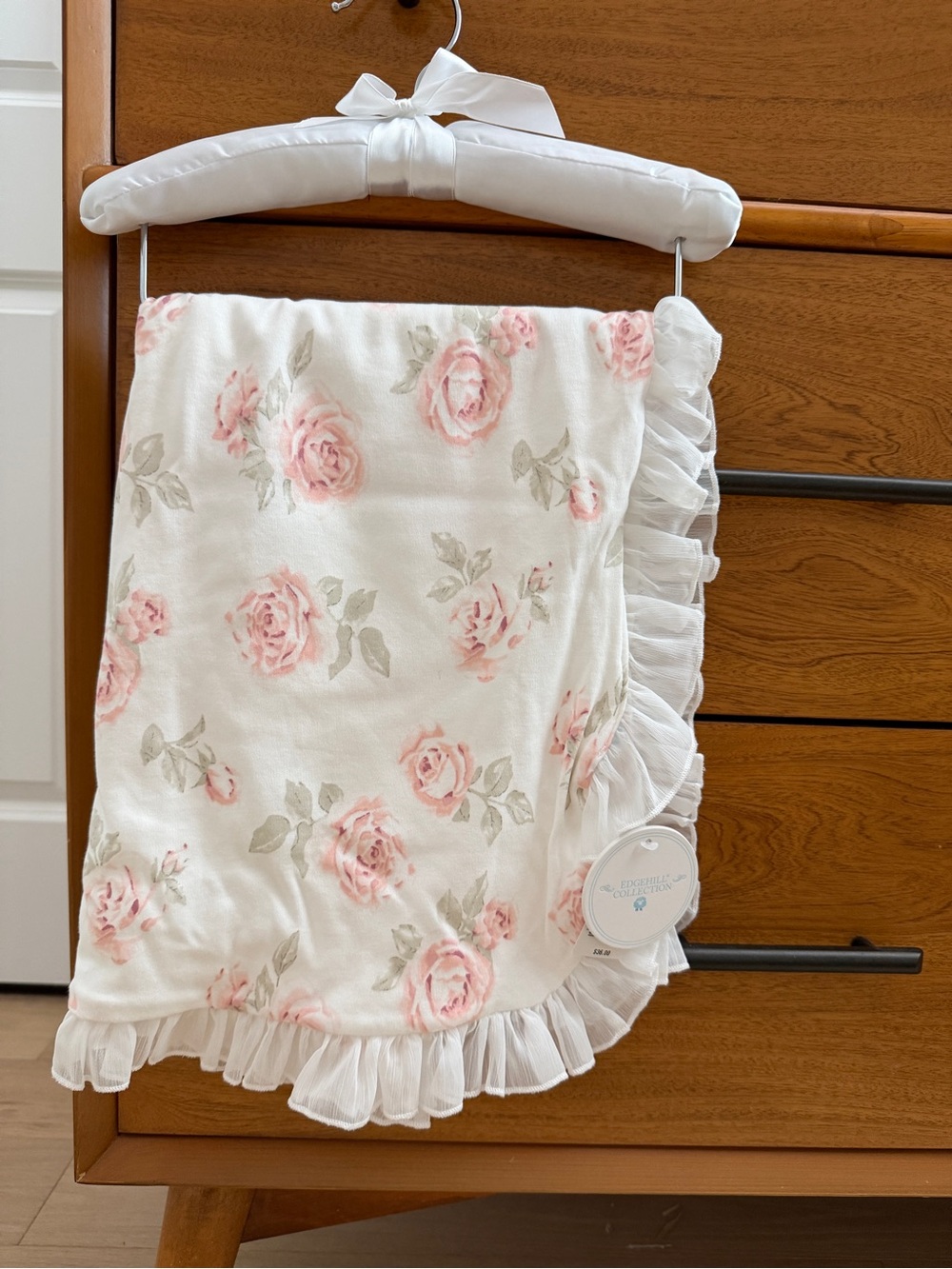 Edgehill Collection Pink and White Rose Ruffle Baby Blanket